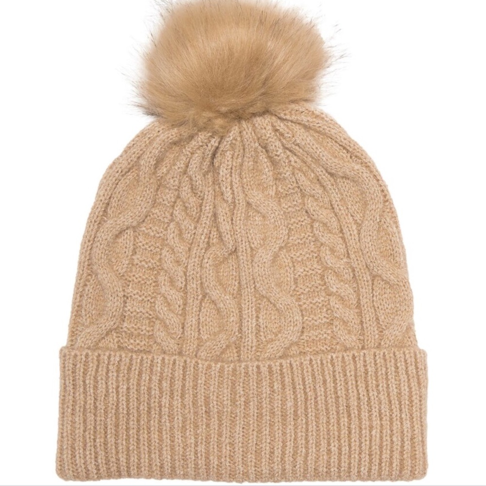 SAVE THE OCEAN RECYCLED CABLE KNIT BEANIE WITH FAUX FUR POMPOM BEIGE OS NWT